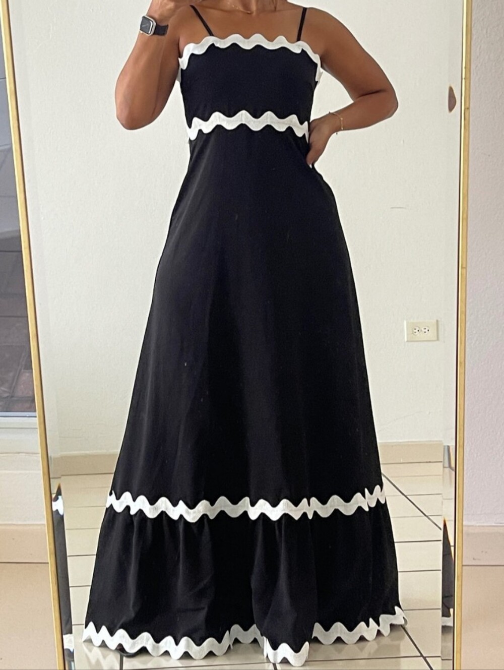 Petal & Pup Black Cotton Maxi Sun Dress with White Ric Rac Trim Spaghetti Straps - Picture 6 of 16